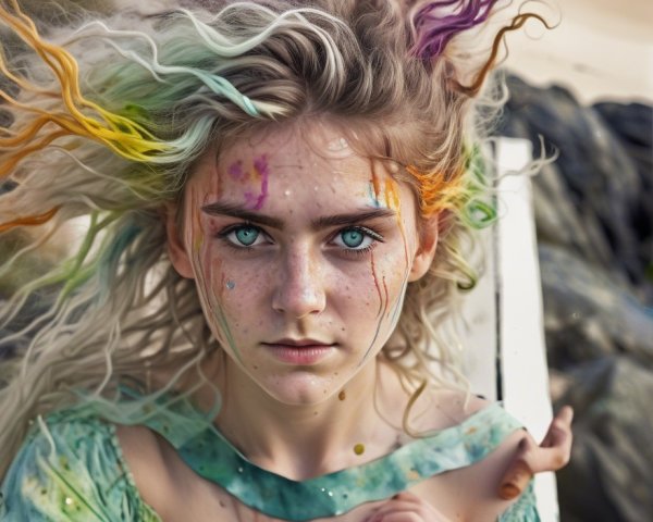 Young woman with colorful hair at beach setting