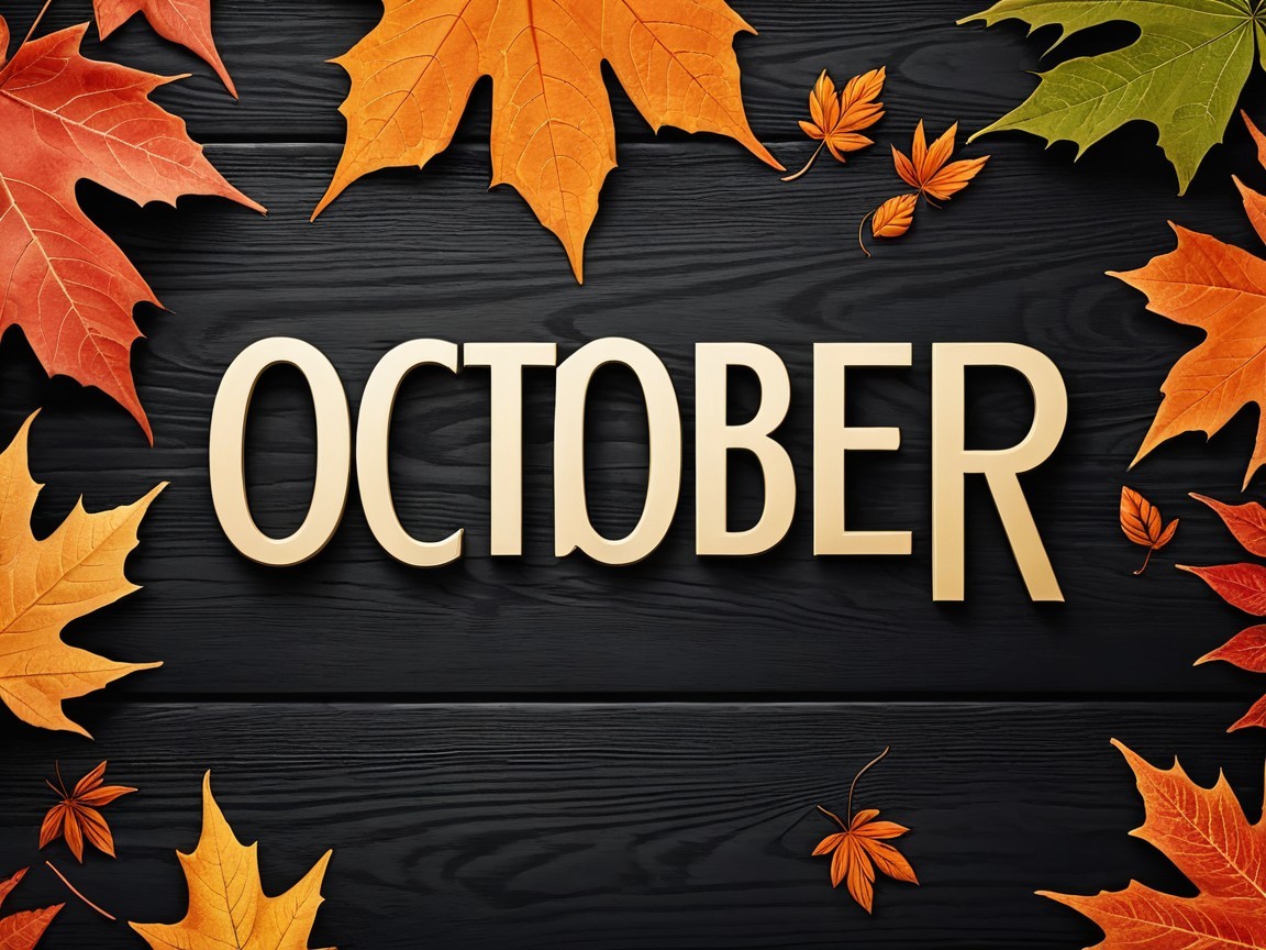 Stylish October Text with Autumn Leaves on Wood