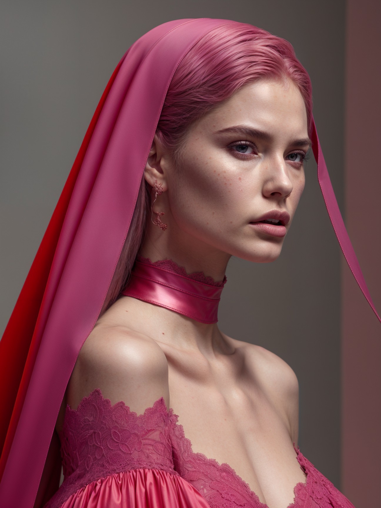 Portrait of a Woman with Pink Hair and Elegant Veil
