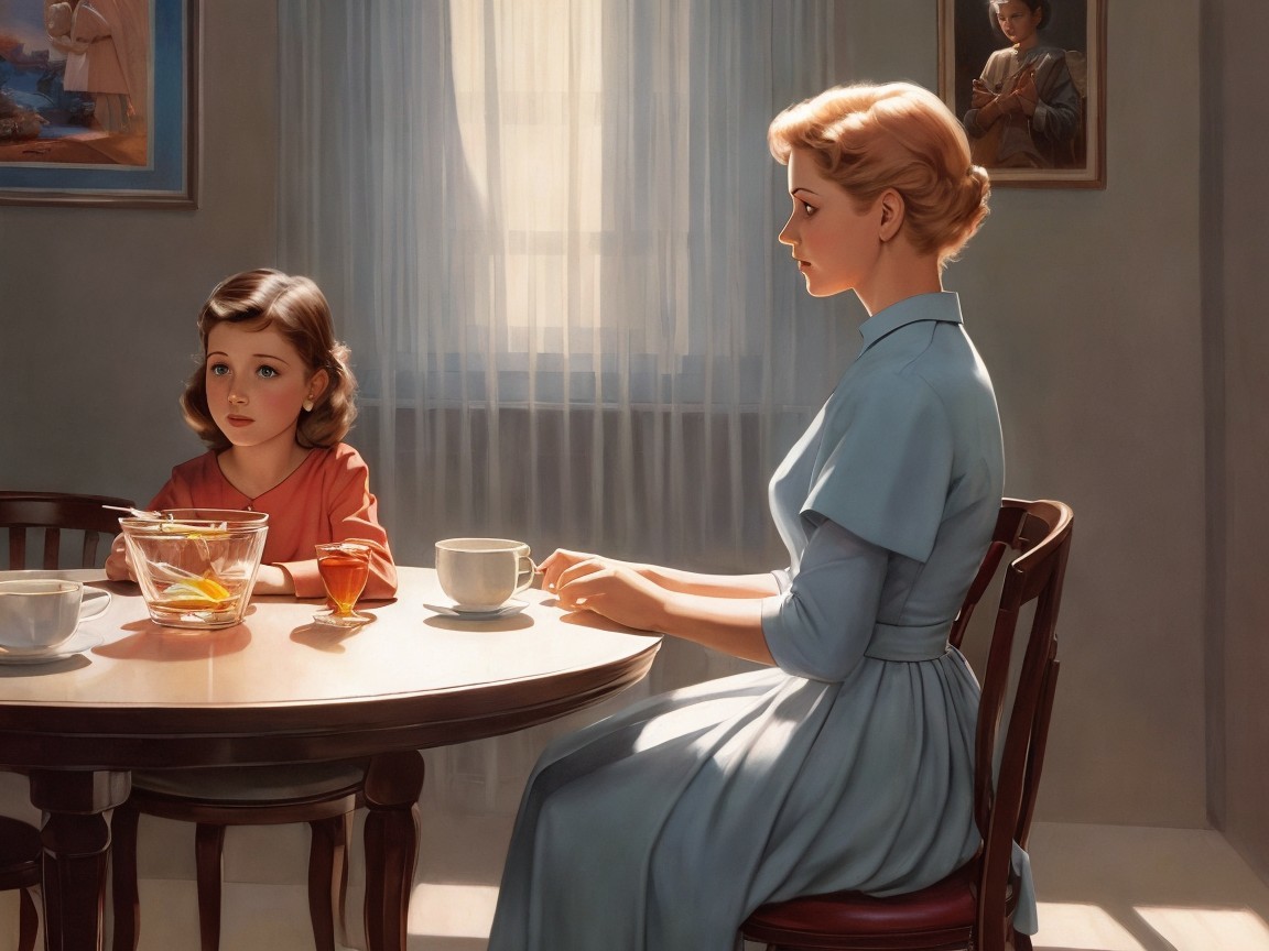 Indoor Scene of Woman and Girl at Wooden Table