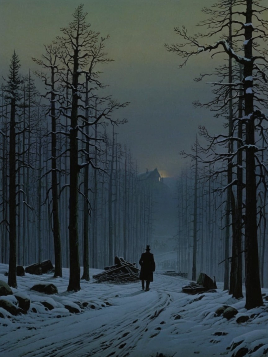 Solitary Figure on Snow-Covered Path at Twilight