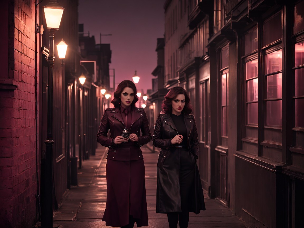 Stylish women in leather jackets on a cobblestone street