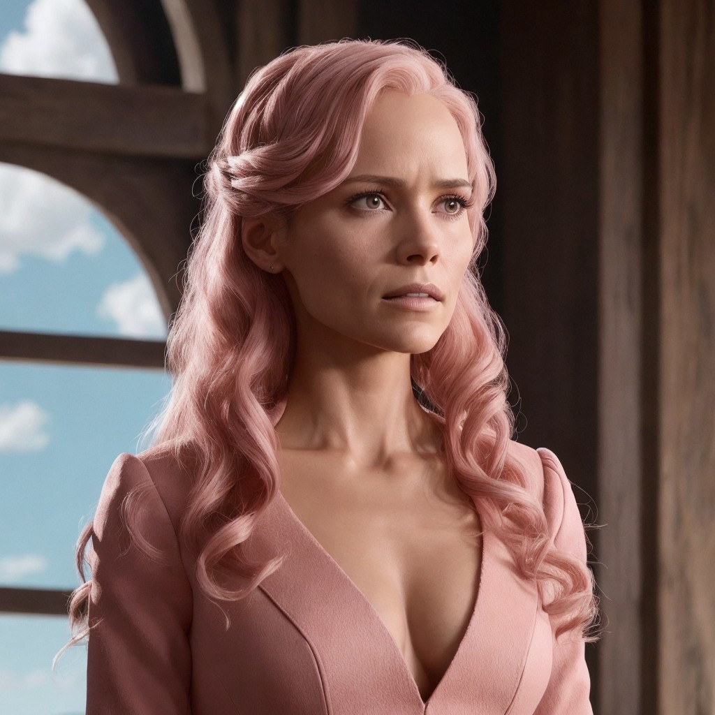 Woman with Pink Hair in Elegant Dress by Windows