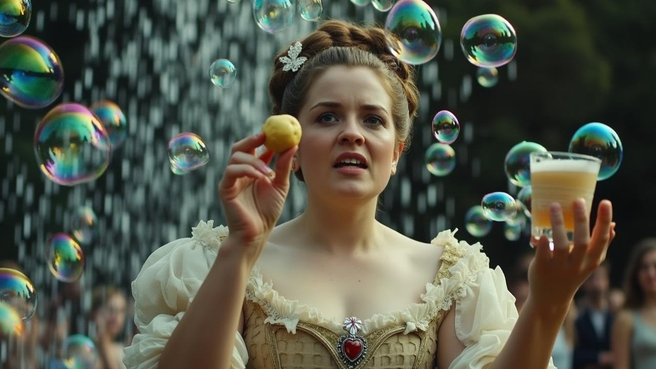 Woman in historical gown surrounded by bubbles and crowd
