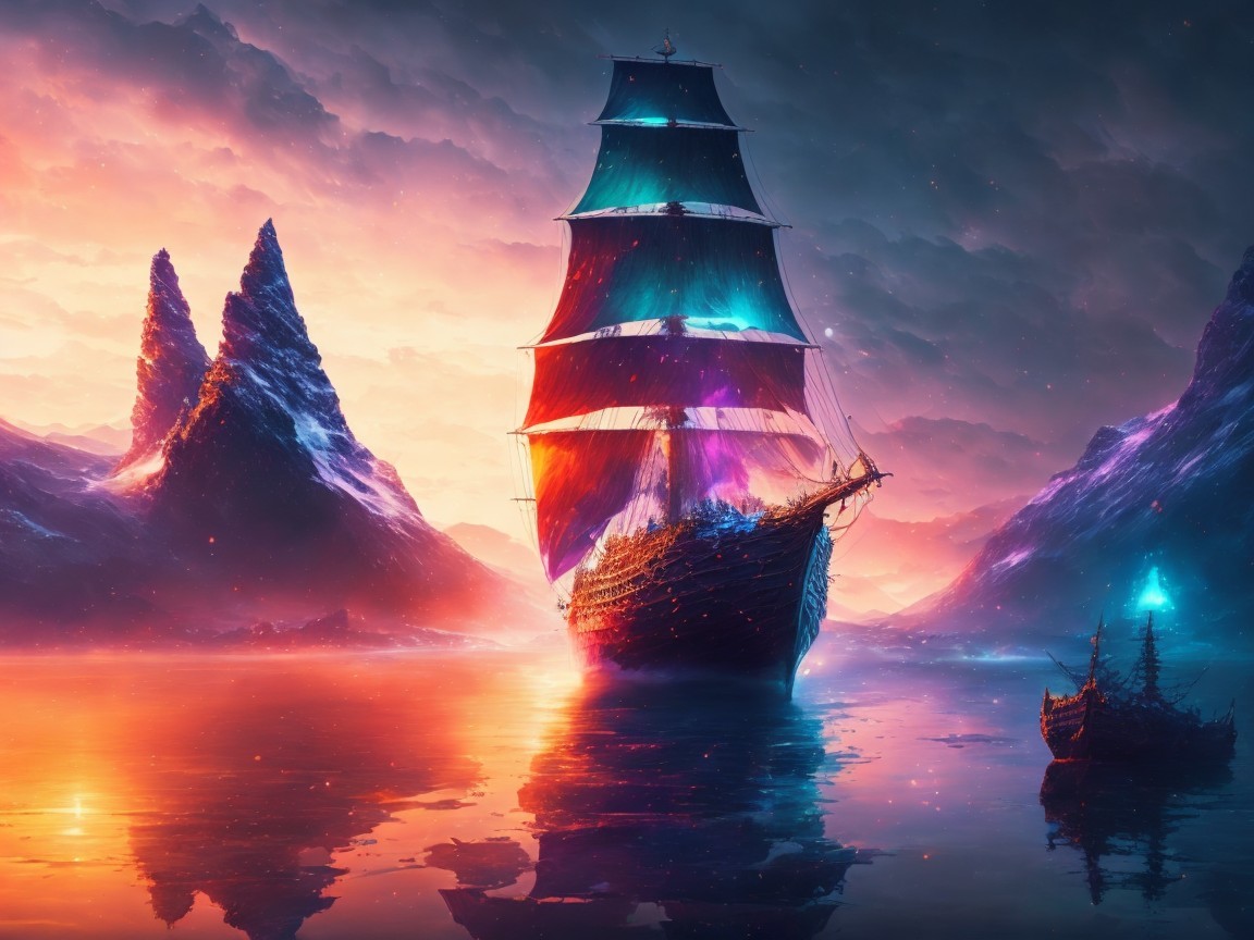Majestic sailing ship on serene misty sea at sunset