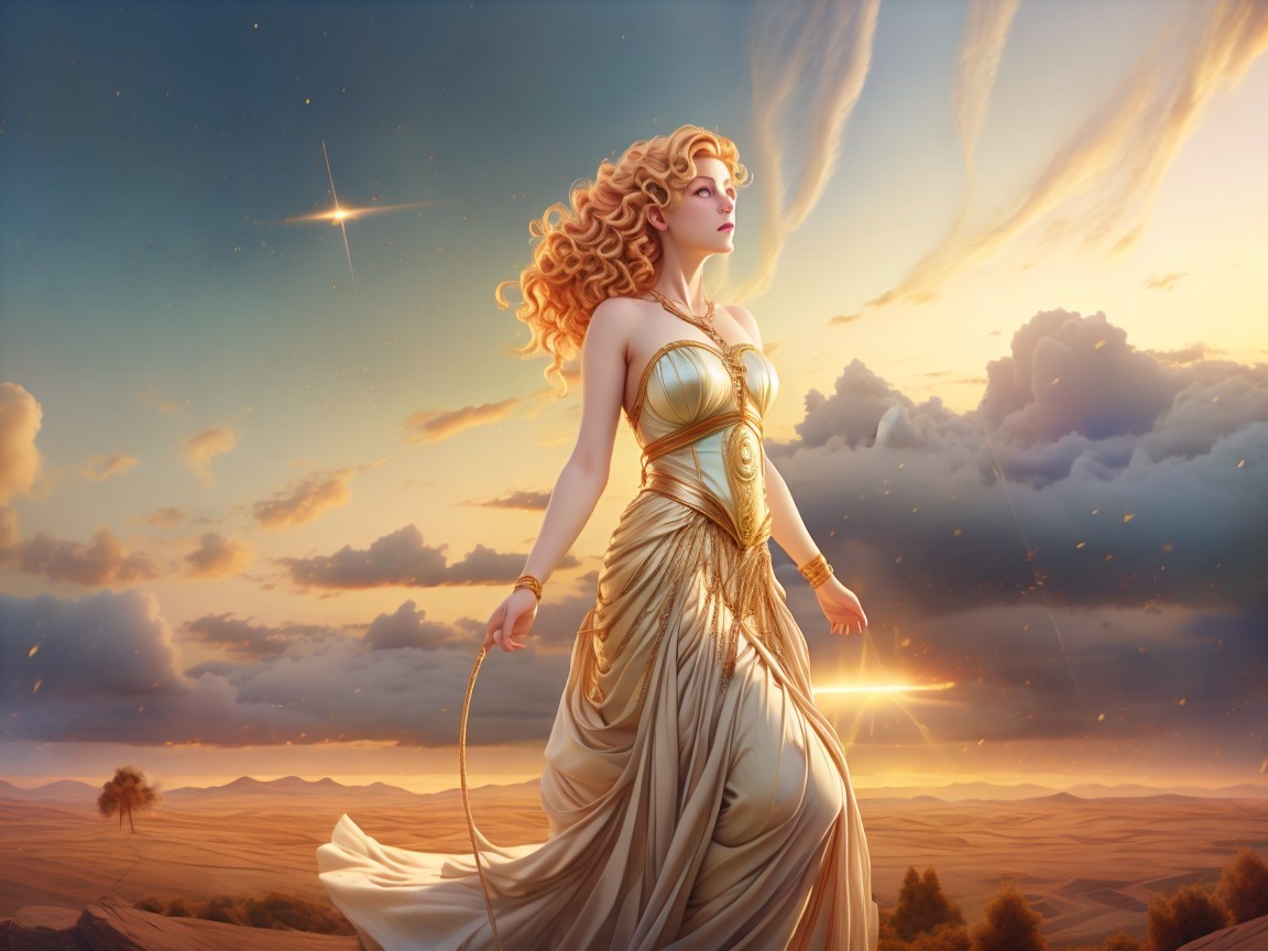Majestic Woman in Gold Dress Against Dramatic Sky