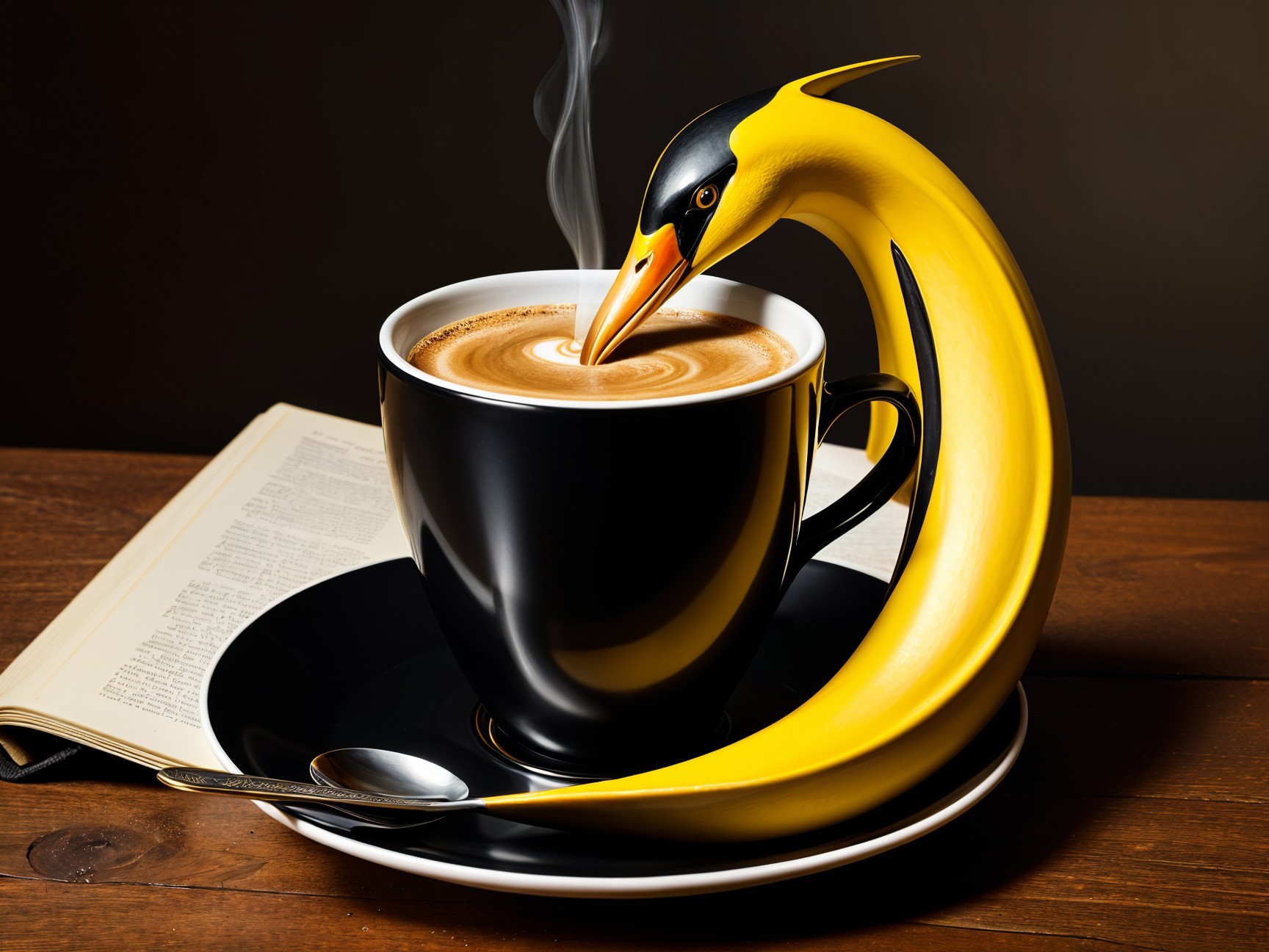 Whimsical Coffee Cup Scene with Yellow Bird Design