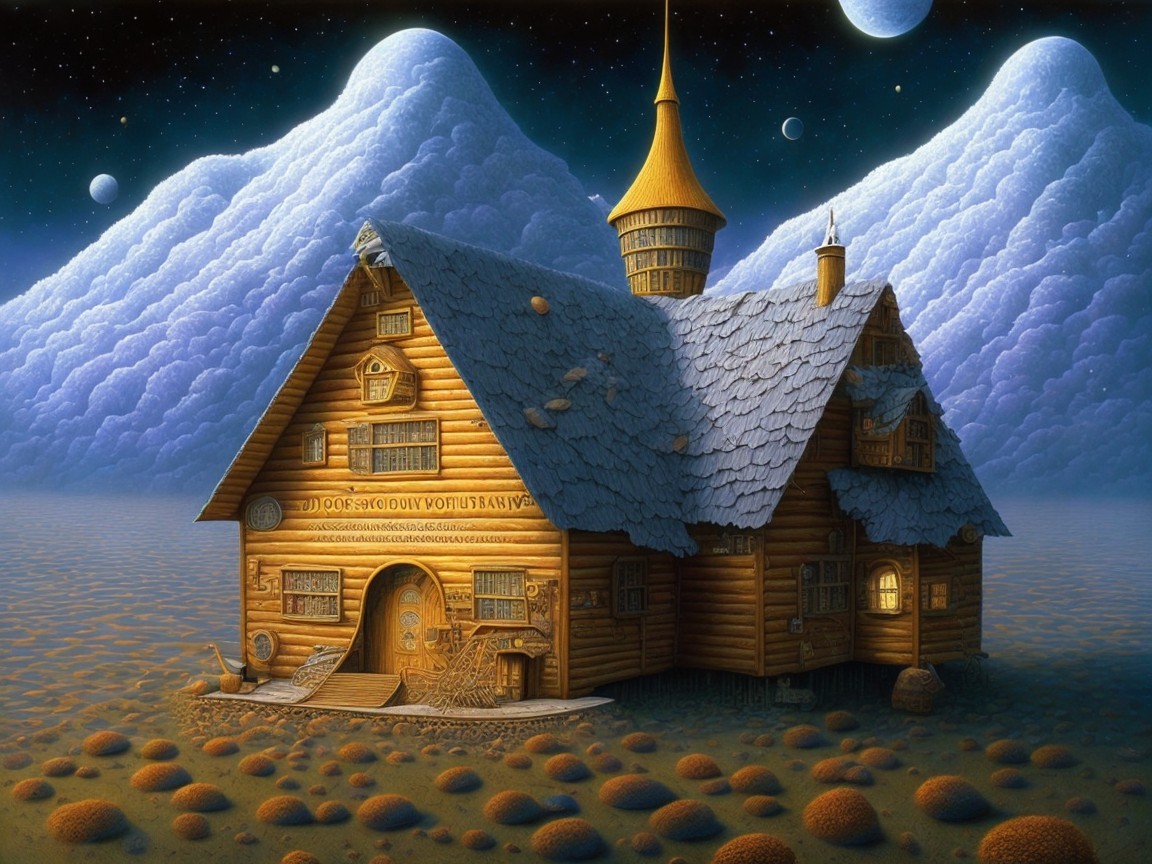 Whimsical Wooden House in Surreal Landscape Setting