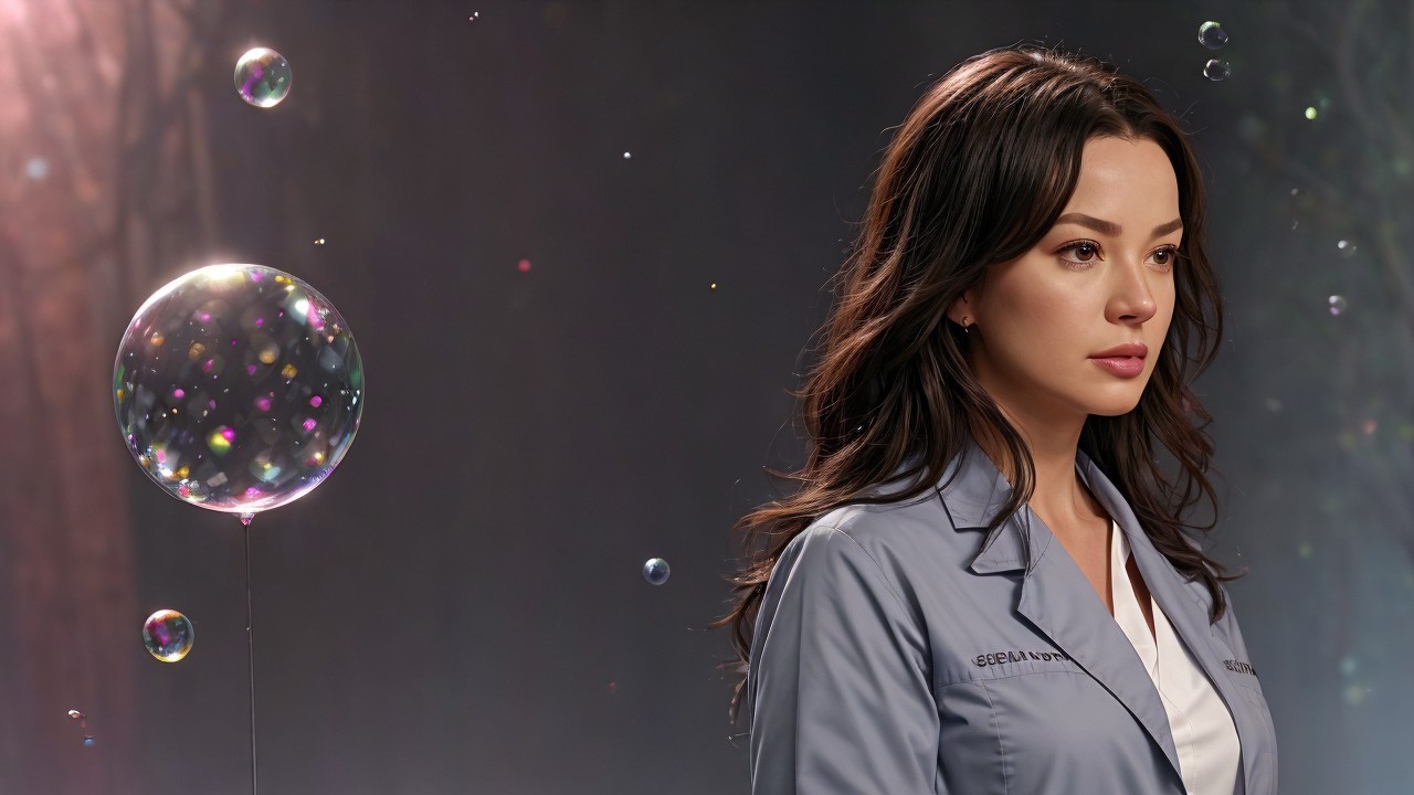 Woman in light blue lab coat with colorful bubbles