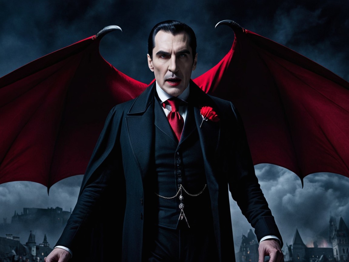 Vampire in Victorian Suit with Bat Wings and Castle
