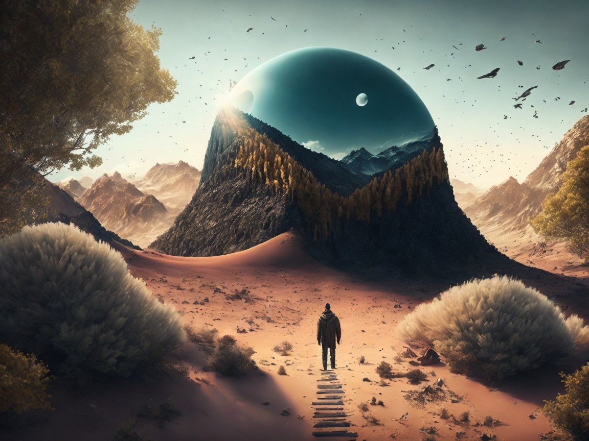Surreal Landscape with Figure and Reflective Mountain Dome