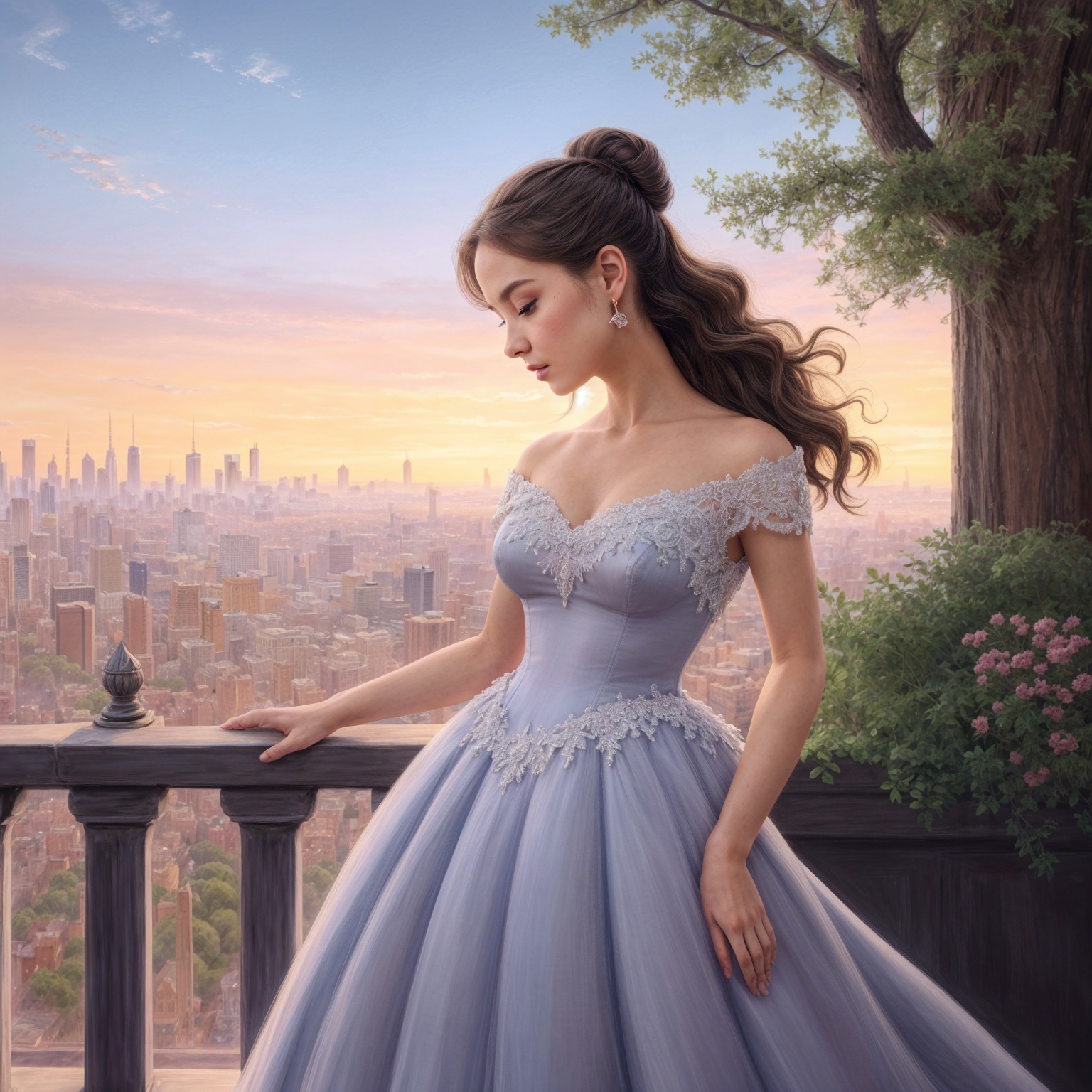 Young woman in elegant gown on balcony at sunset