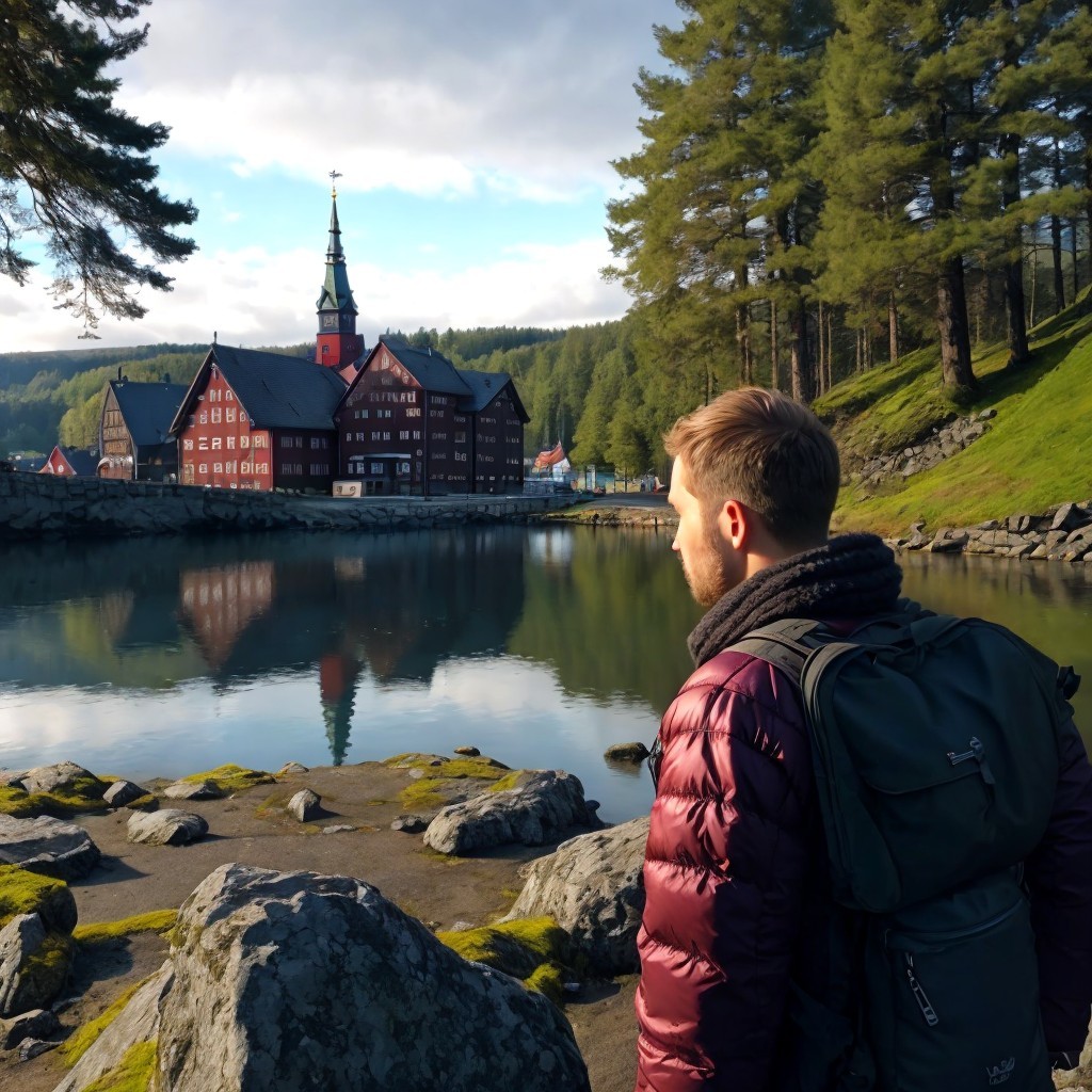Man on Rocky Terrain by Serene Lake and Building