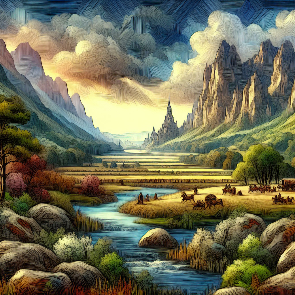 Serene Landscape with Hills, Mountains, and River