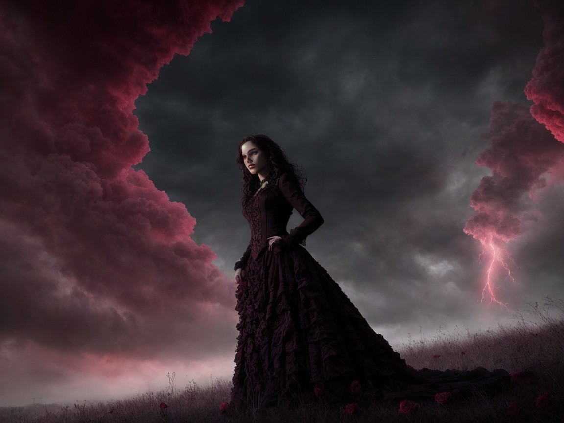 Woman in dark gown amid dramatic landscape and roses