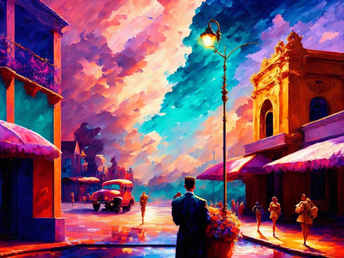 Impressionistic Cityscape at Dusk with Vibrant Colors
