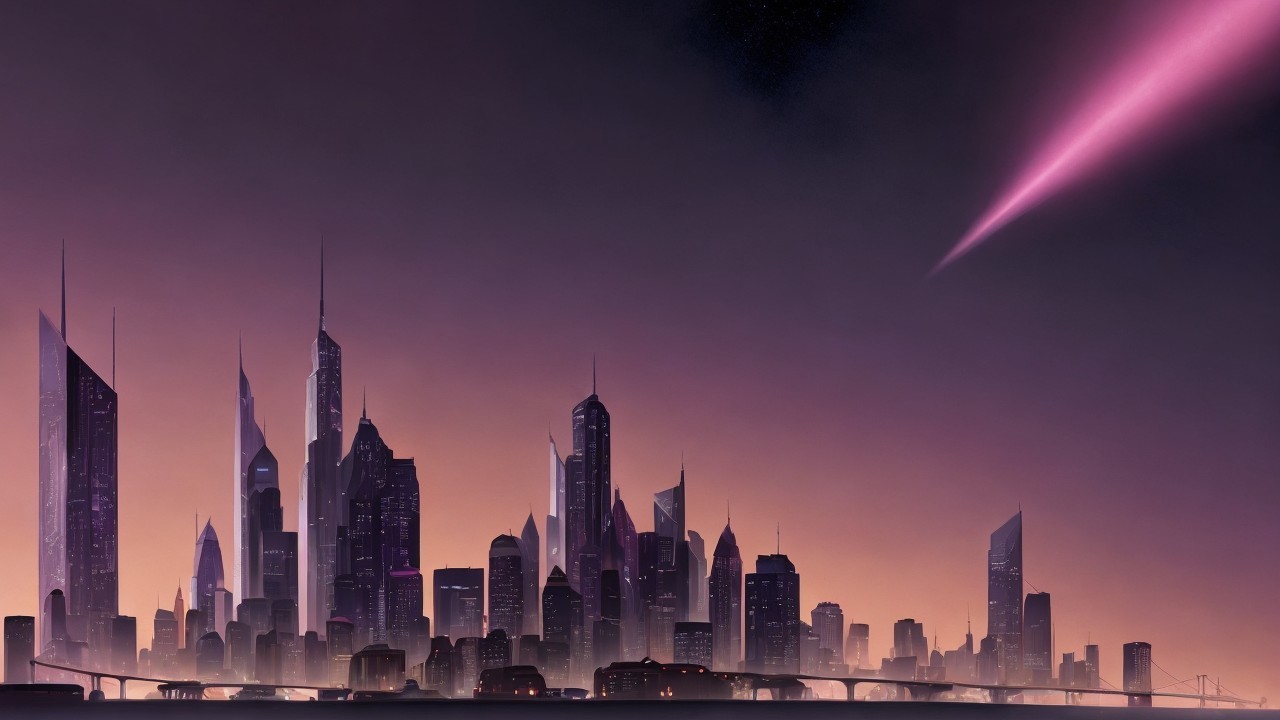 Futuristic city skyline at twilight with vibrant colors