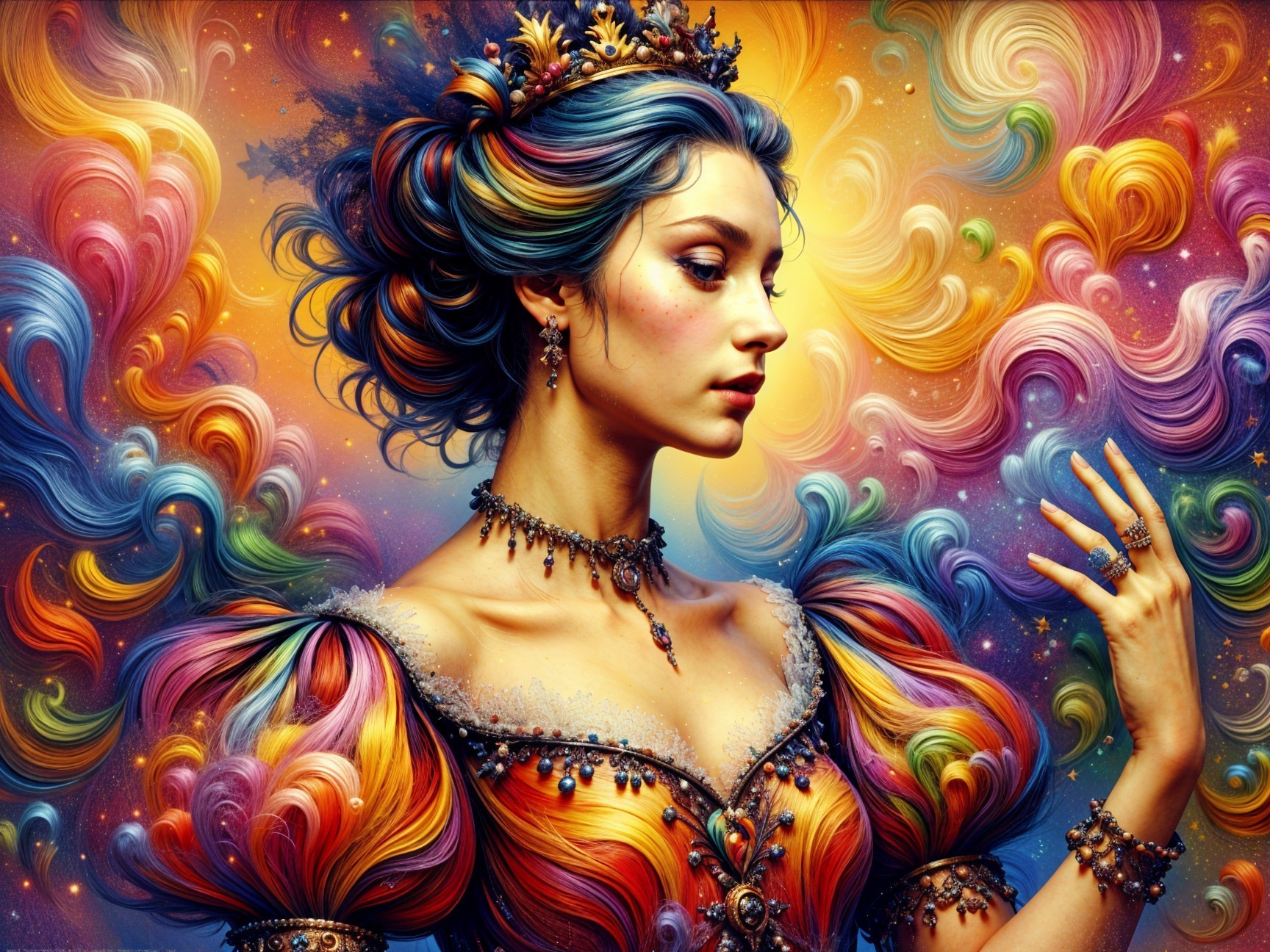 Fantastical woman in colorful gown with swirling patterns