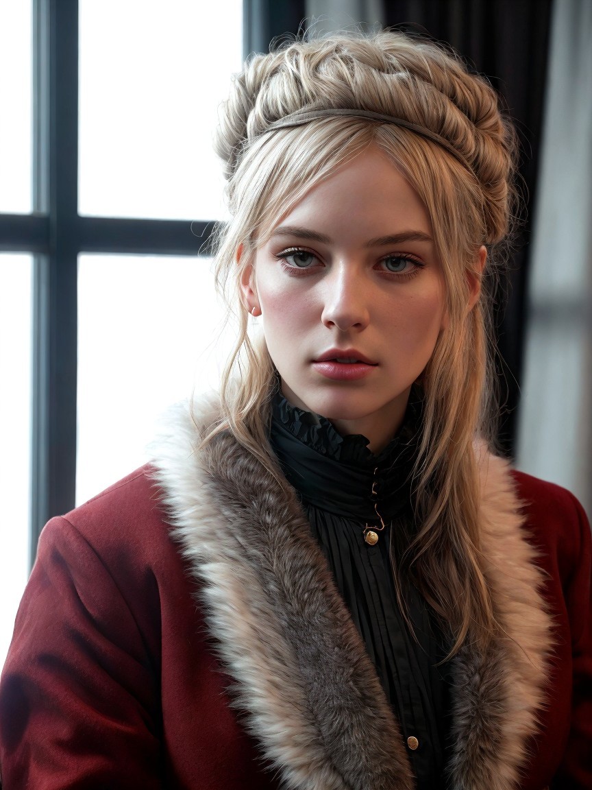Sophisticated Young Woman in Vintage Burgundy Coat