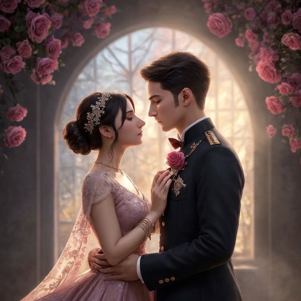 Romantic Embrace of a Couple in Blooming Roses