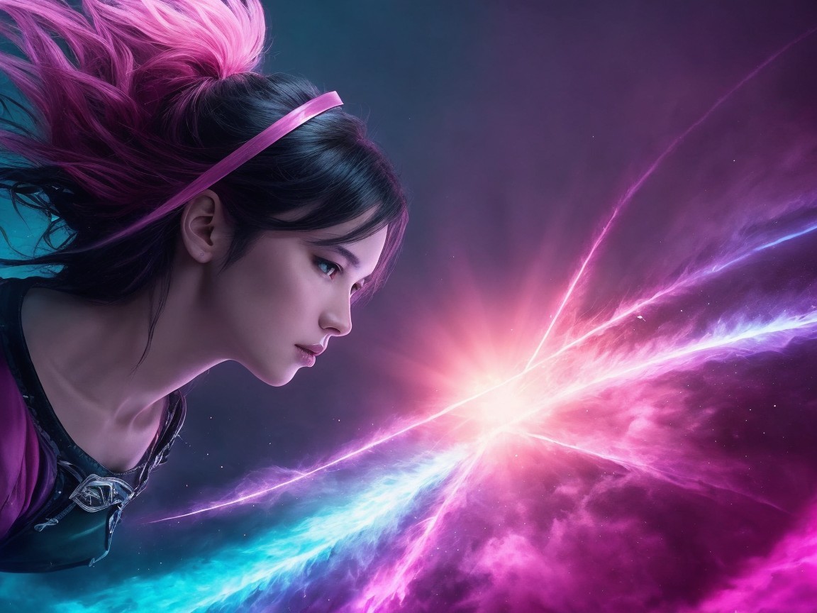 Vibrant Digital Artwork of a Young Woman in Space
