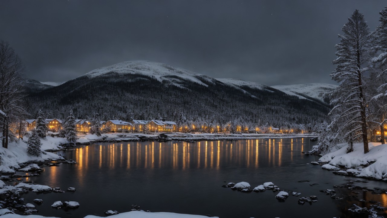 Snowy Mountain Resort Town at Night with River Reflection