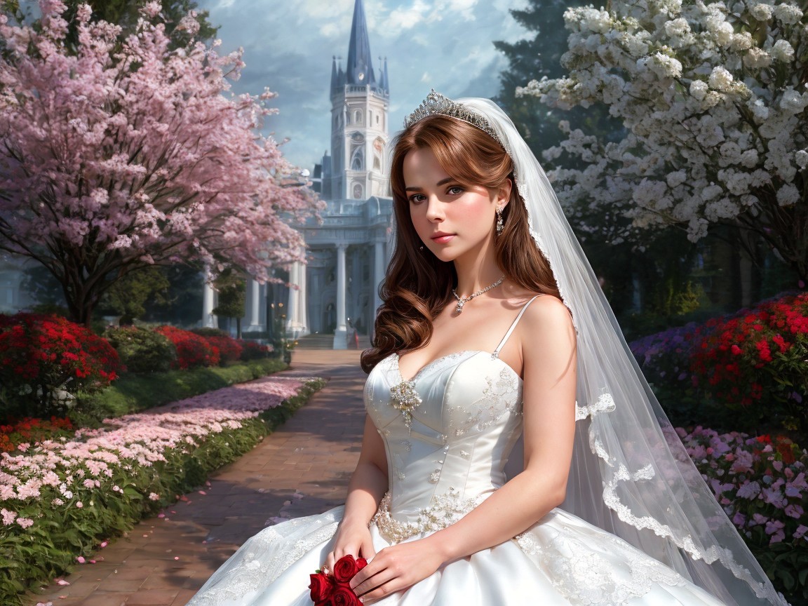 Bride in Elegant Gown Amidst Lush Garden and Castle