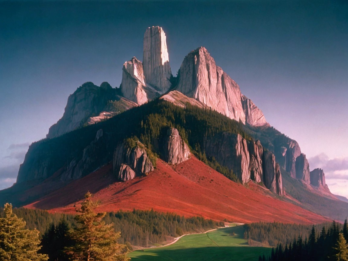 Dramatic Mountain Landscape with Lush Forests and Sky