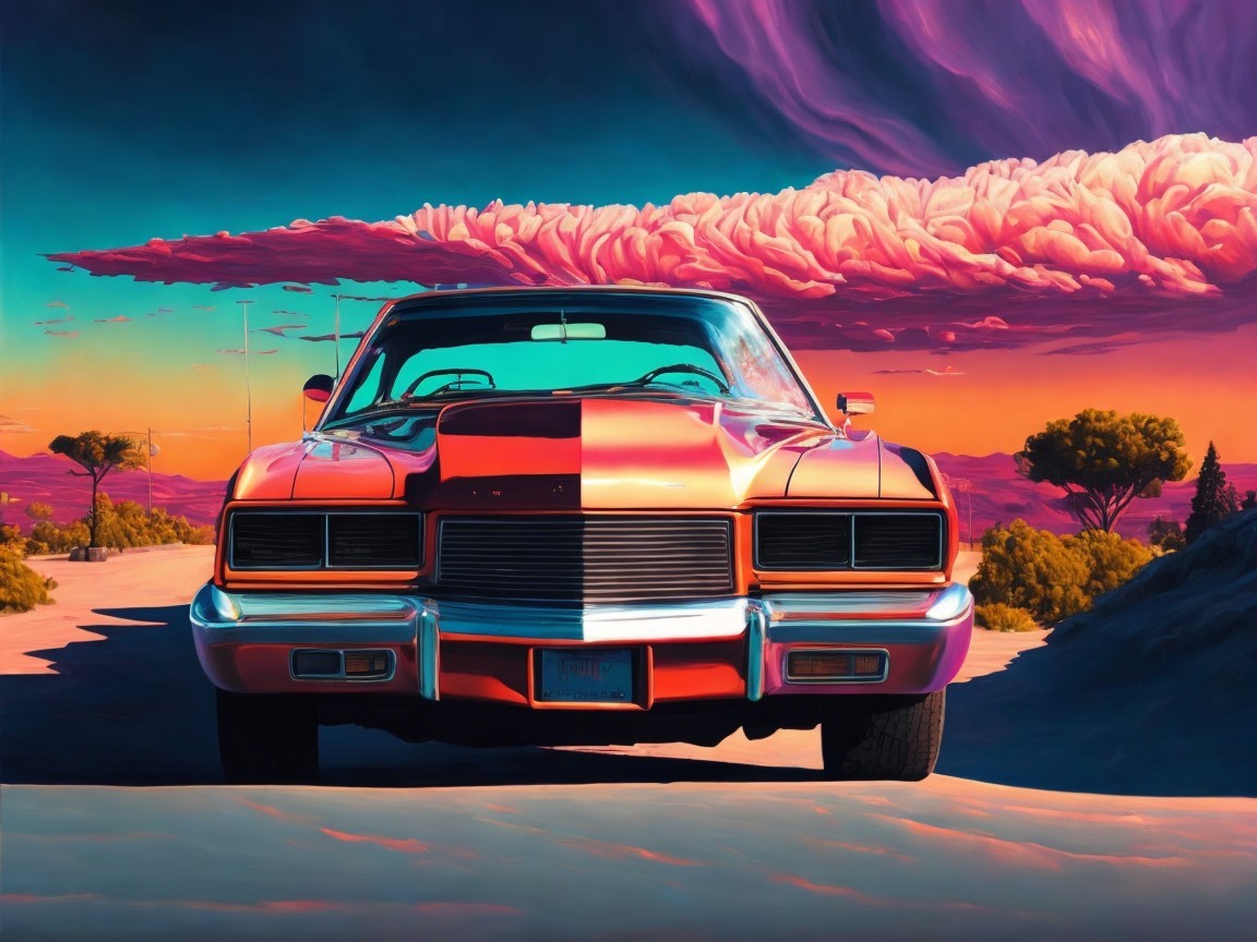 Vibrant Retro Car in Surreal Desert Landscape