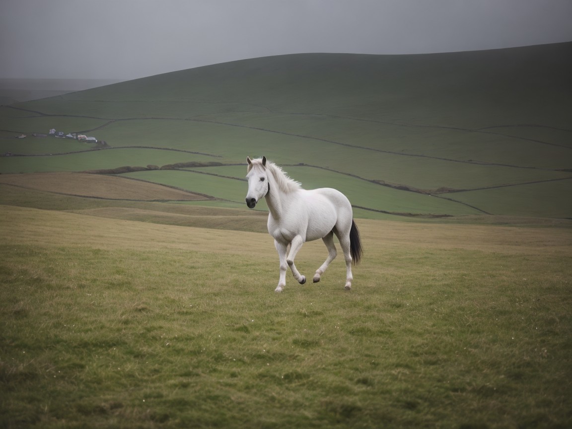 White Horse Galloping in a Green Meadow Landscape