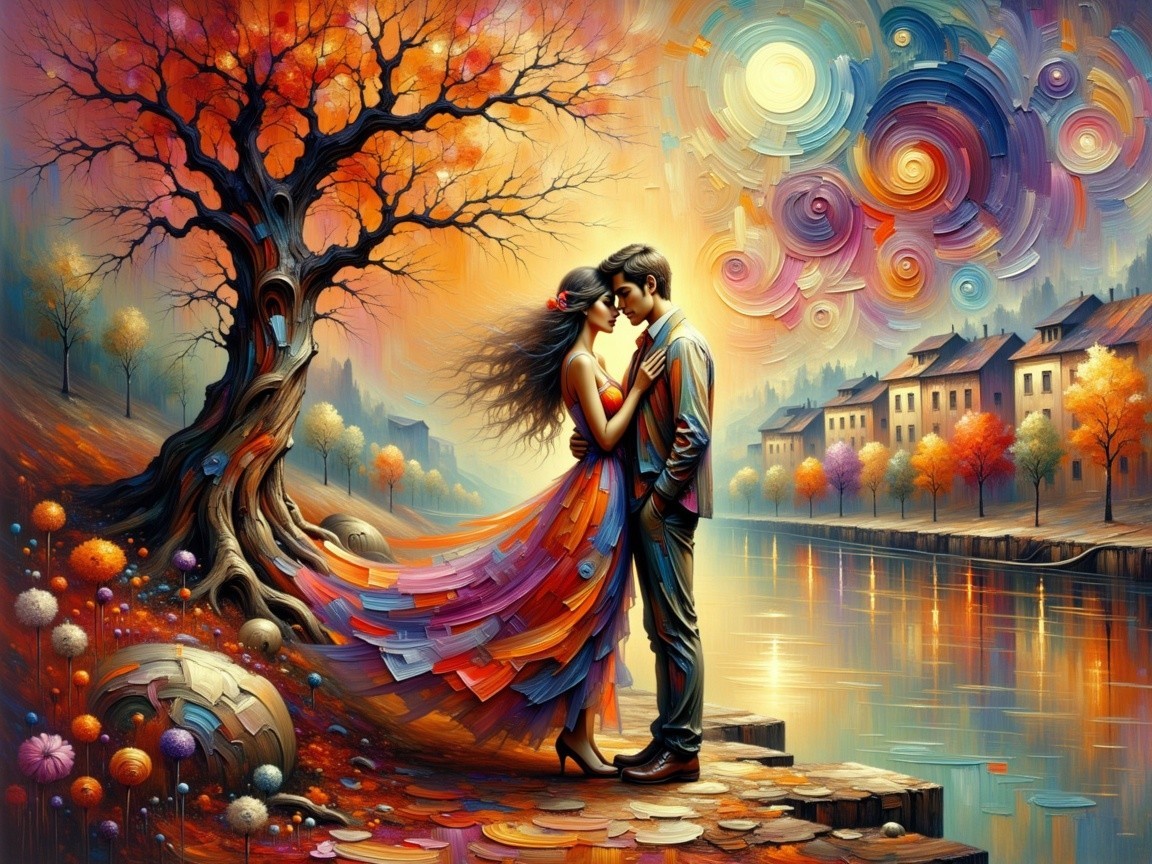 Couple Embracing in Dreamlike Autumn Landscape