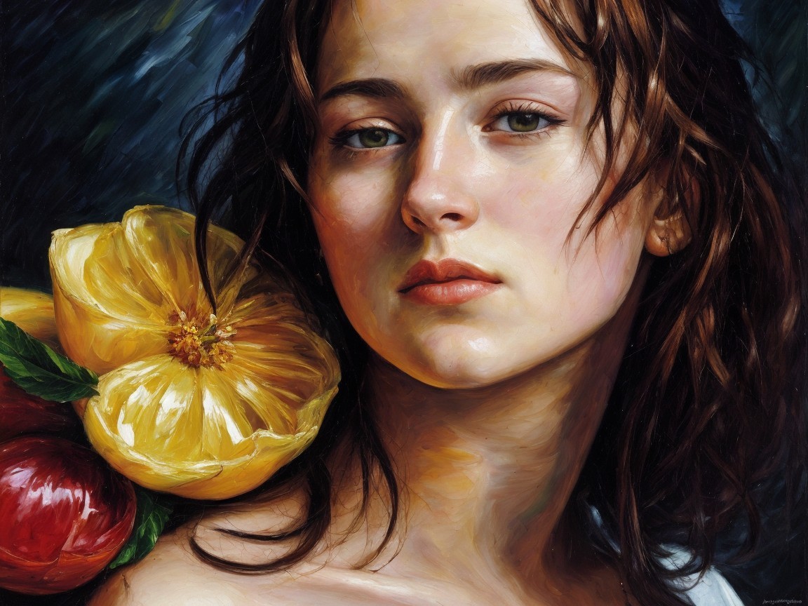 Young woman with fruits in serene, vibrant setting