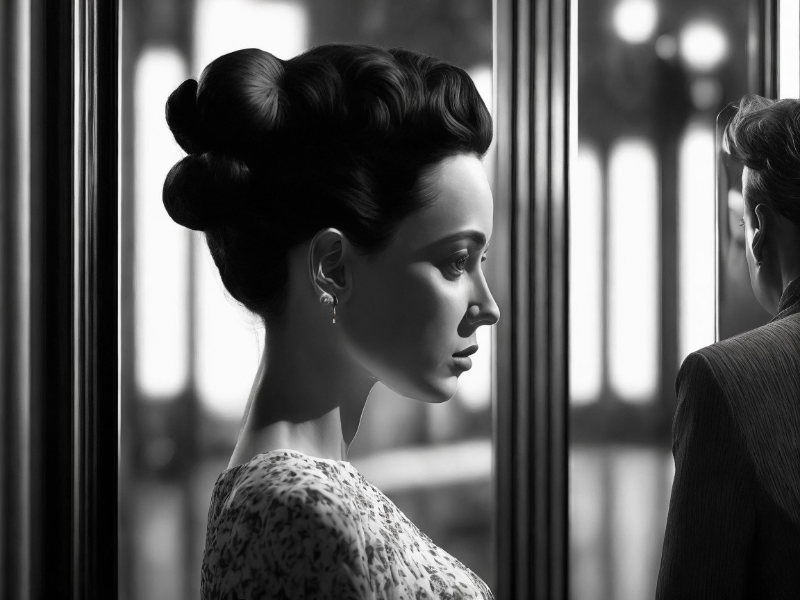Profile of a Woman with Elegant Updo in Black and White