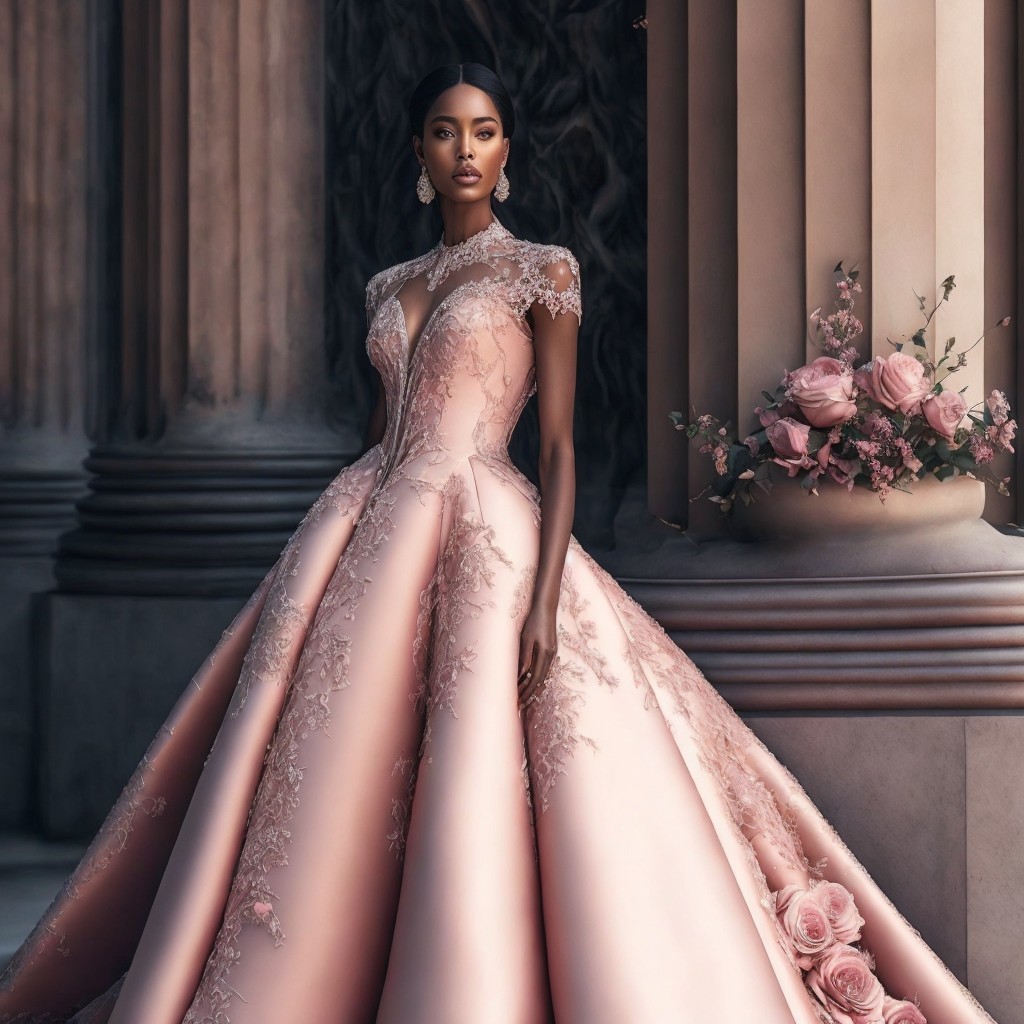Elegant Blush Gown with Lace Detailing and Columns
