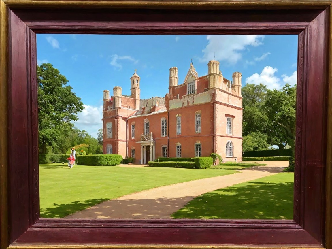Historic mansion surrounded by lush greenery and sky