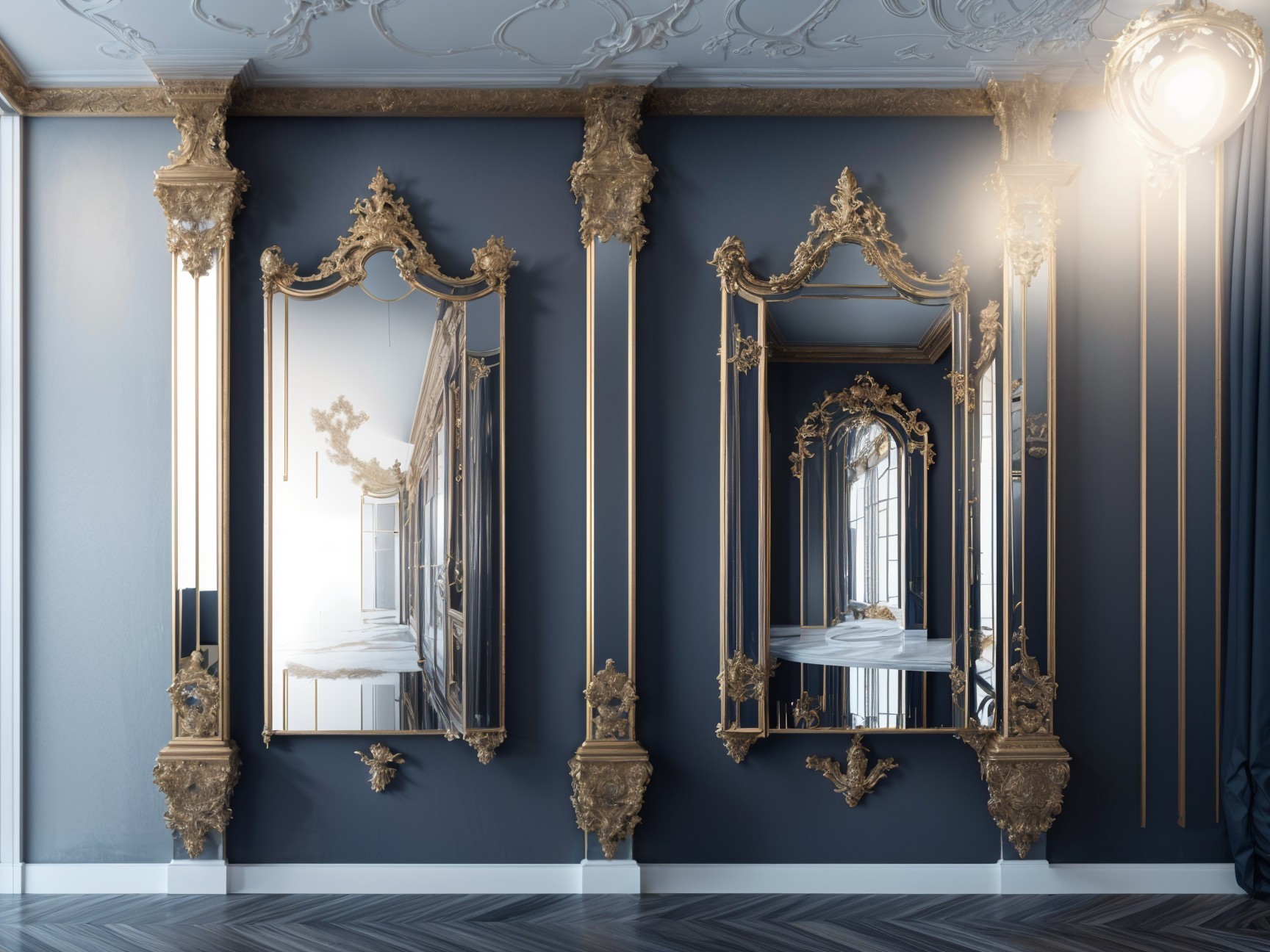 Elegant interior with ornate gold-framed mirrors