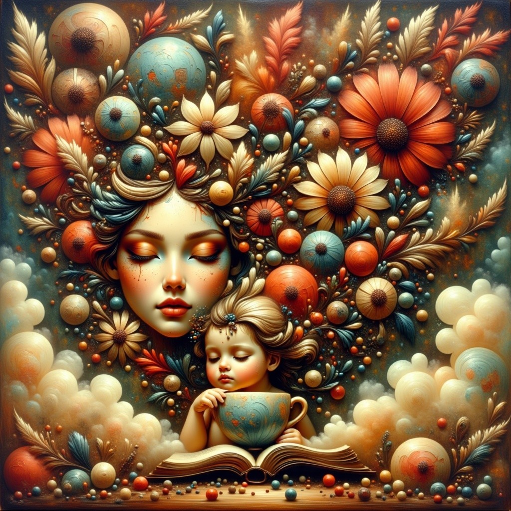 Ethereal Woman and Child Amidst Floral Elements