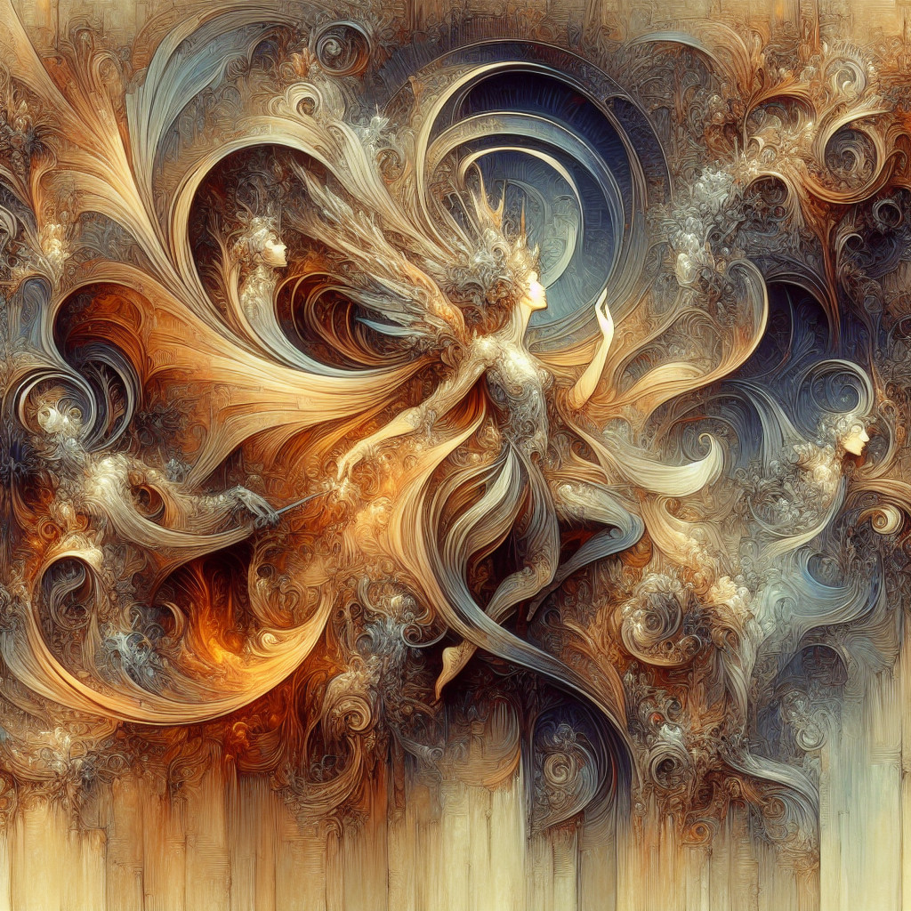 Ethereal Figure in Dreamlike Dance with Fractal Background