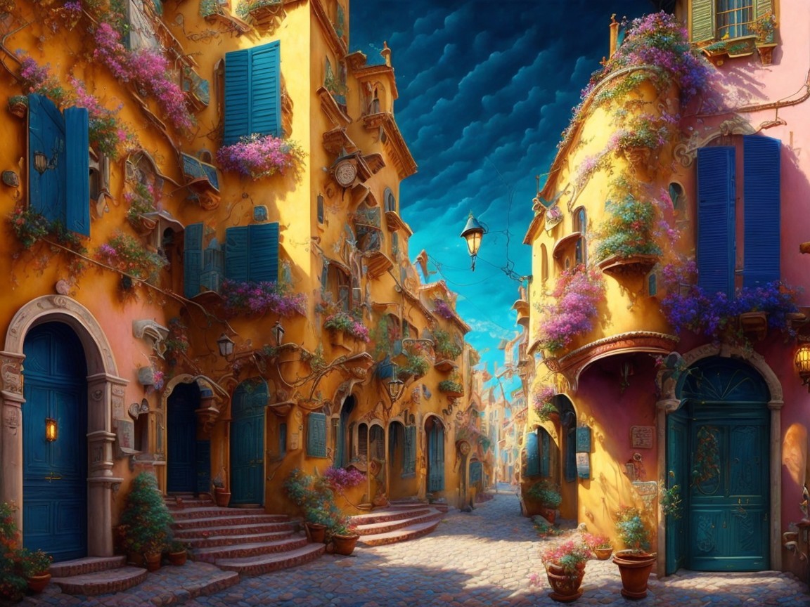 Vibrant Cobblestone Street with Colorful Buildings