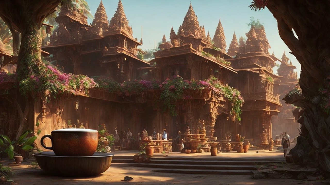 Ancient Temple Complex with Coffee and Lush Surroundings