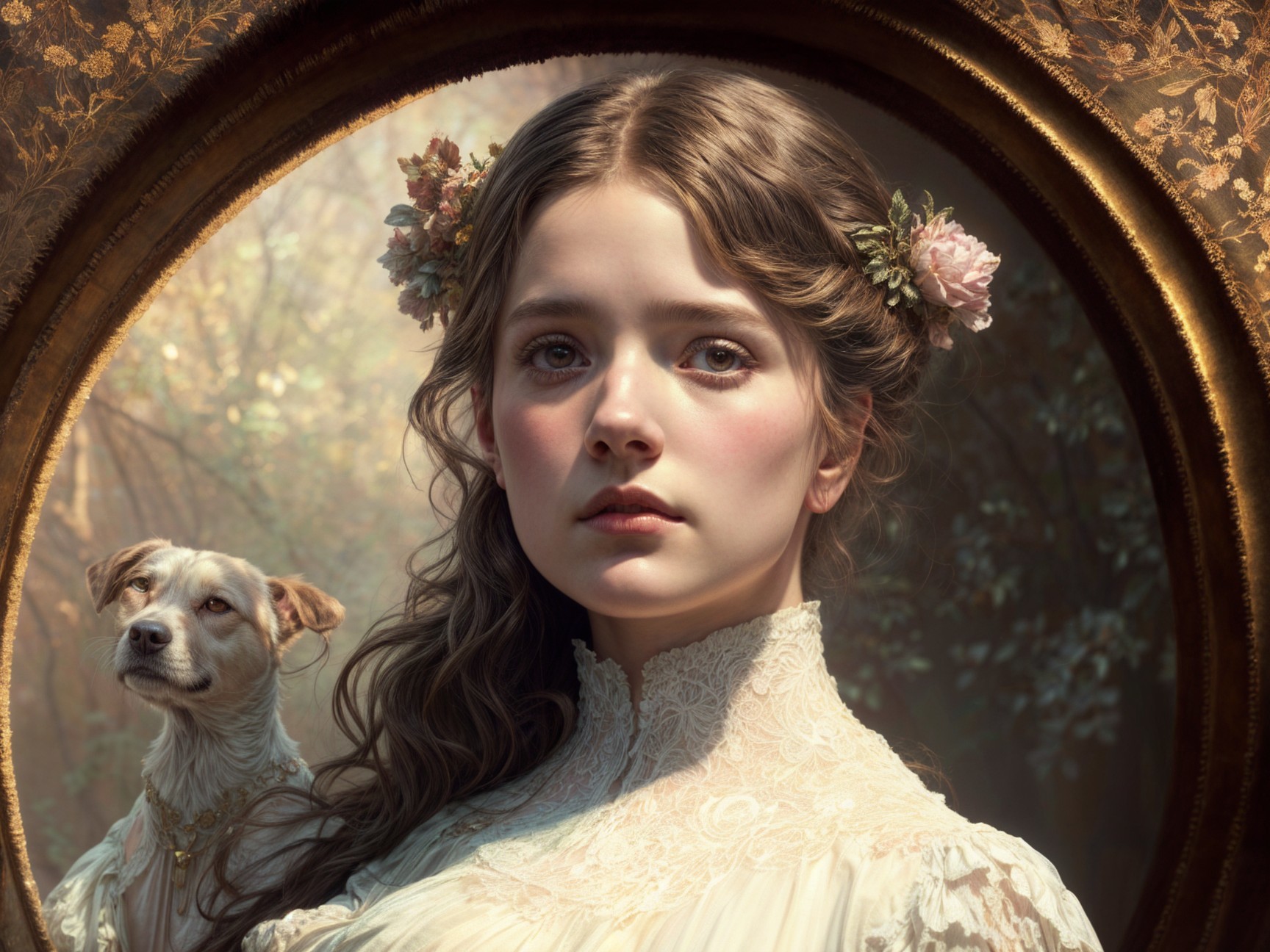 Young girl in lace dress framed by golden mirror