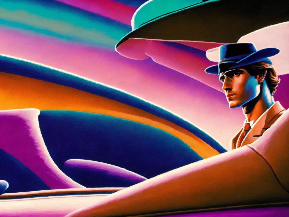 Stylized figure in suit against vibrant abstract background