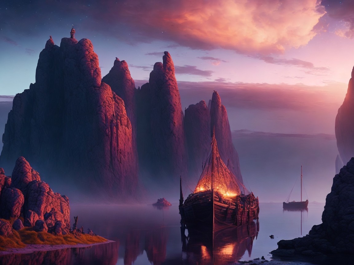 Twilight Scene with Ancient Ship and Cliffs