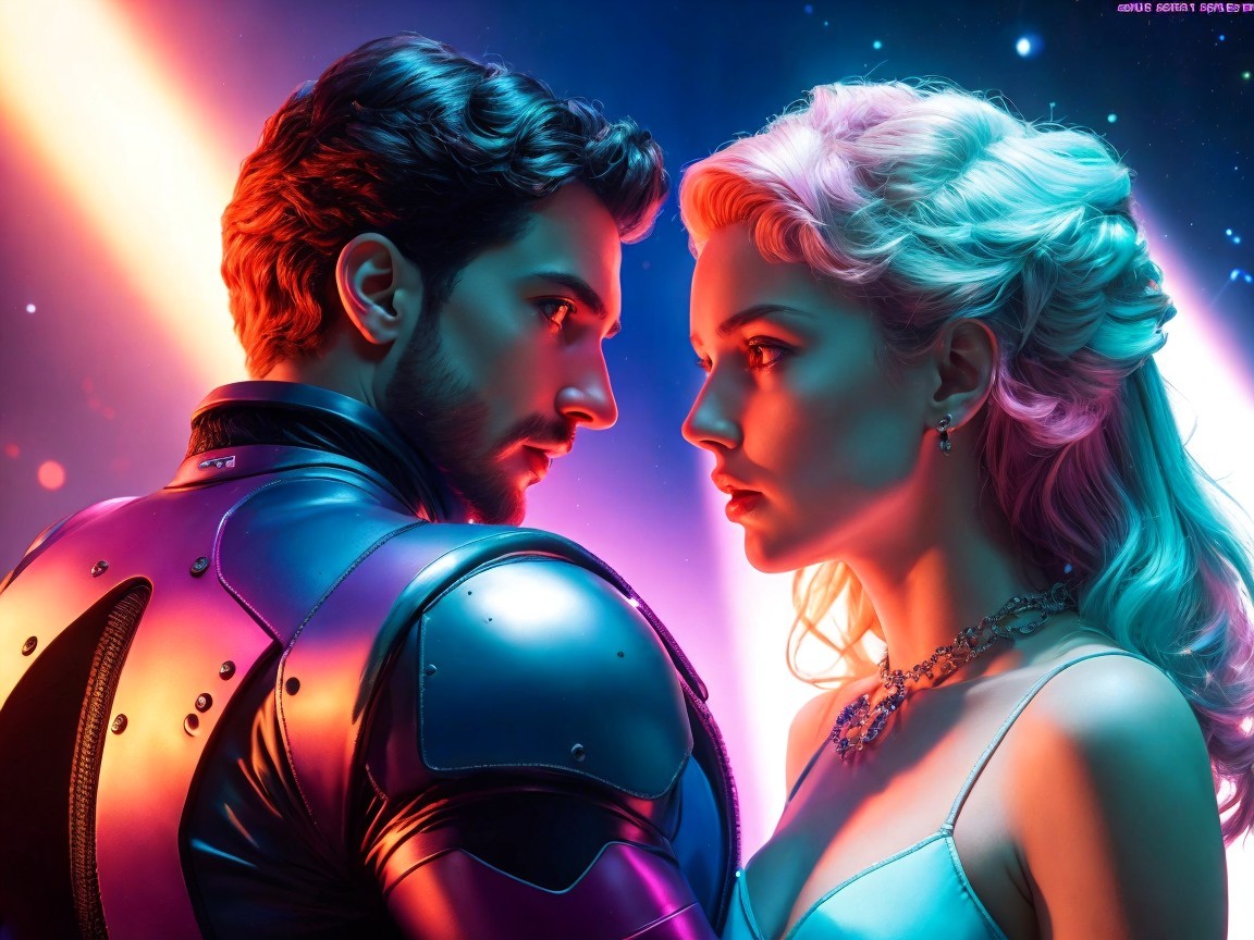 Futuristic Scene with Metallic Suit and Cosmic Backdrop