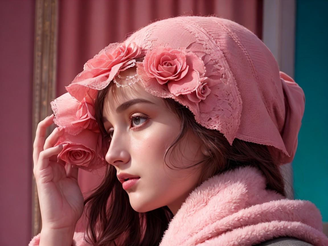 Young Woman in Pink Floral Hat with Pastel Background