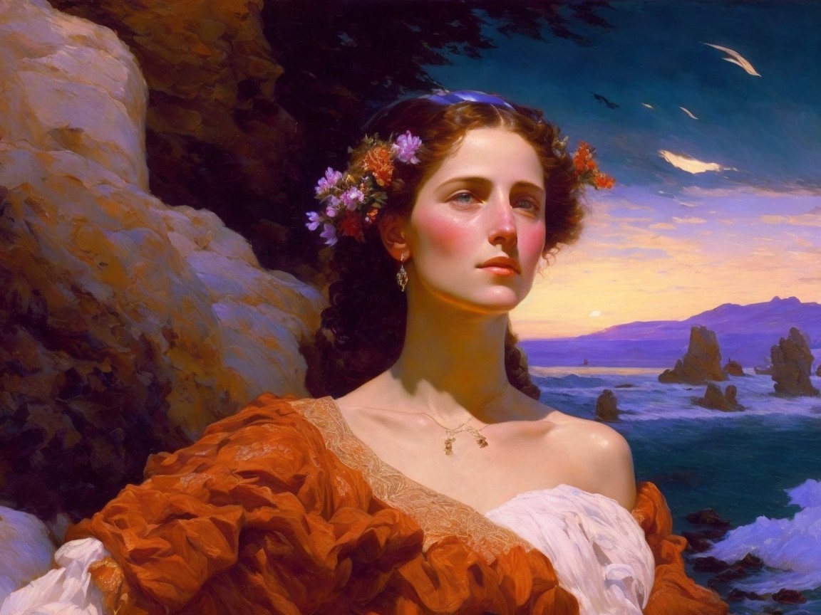 Portrait of a Young Woman with Floral Hair Accessories