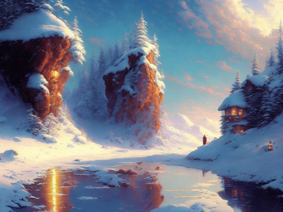 Winter Landscape with Snowy Cliffs and Cabin