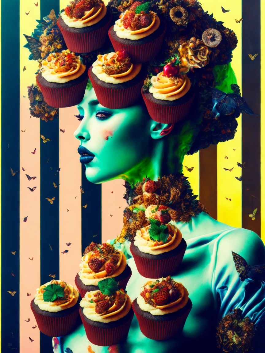 Surreal Portrait with Green Figure and Cupcake Crown