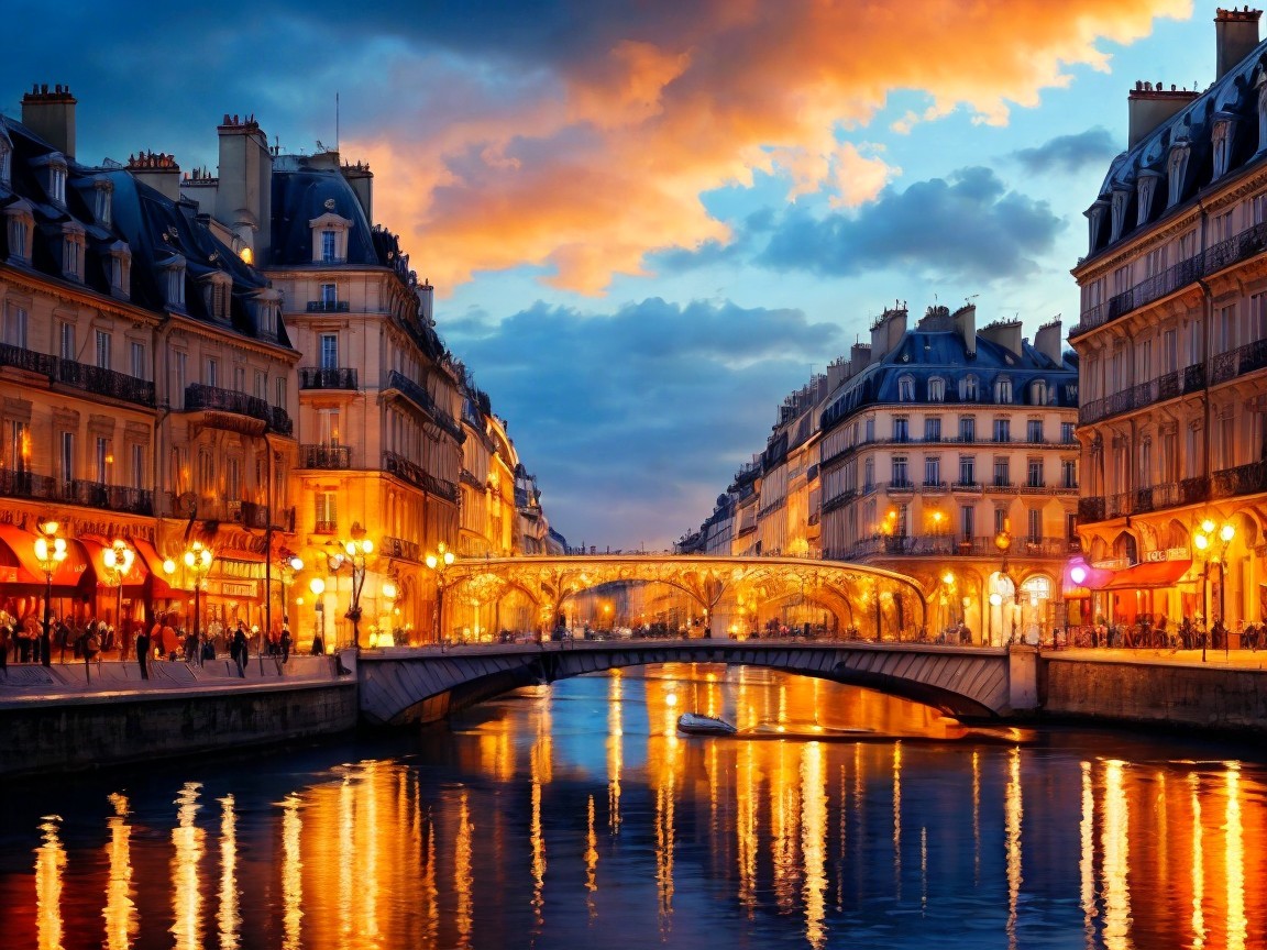 Evening Scene in Paris with River and Charming Bridge