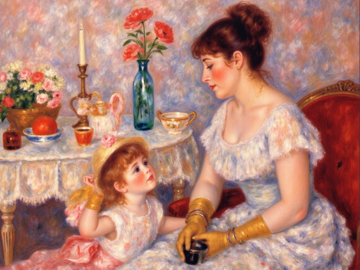 Mother and Daughter in Elegant Room with Flowers